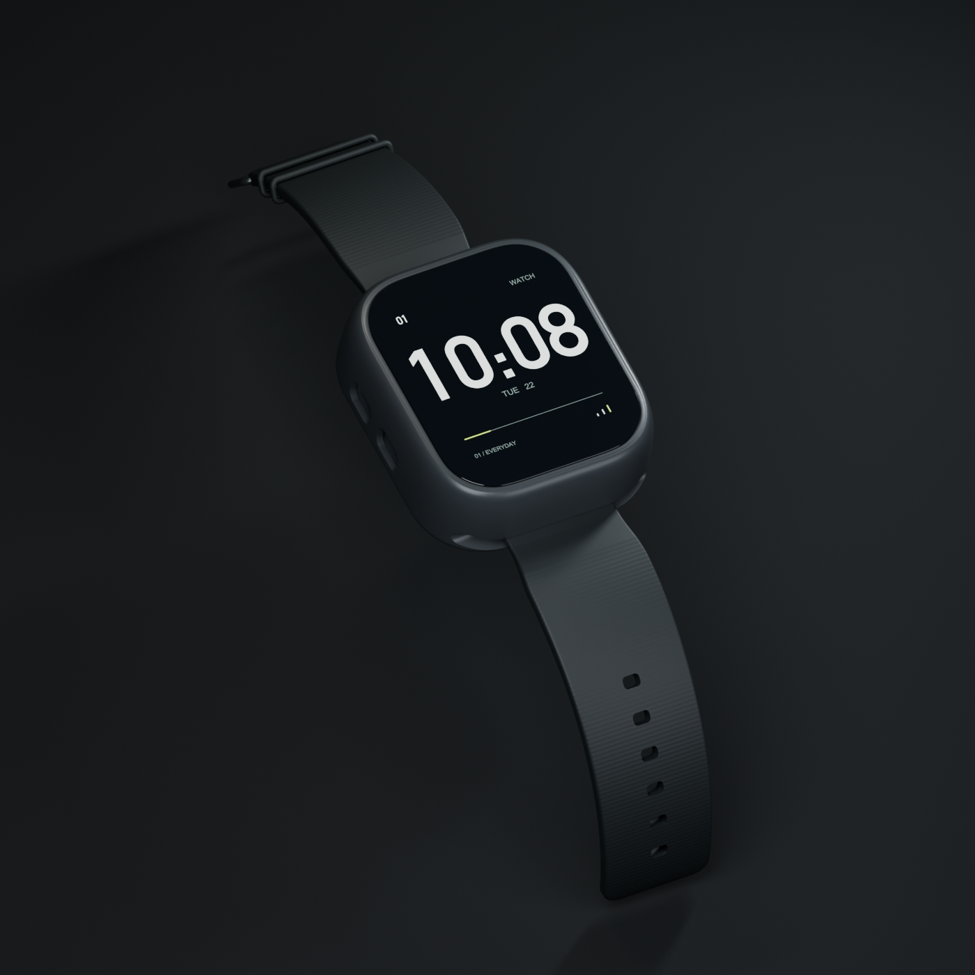 01 Watch 石墨色外壳与黑色表带的 Blender 产品渲染